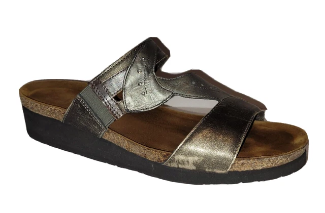 NAOT Women's Kimberly Wedge Metallic Leather Sandal Slip On 41 Slide Cork Pewter