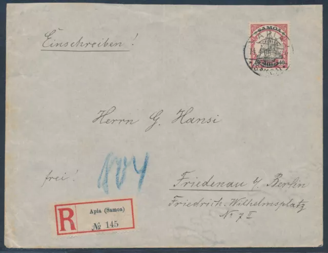 Samoa 40 Pfennig Yacht EF Einschreiben Apia 1906 nach Friedenau (S24798)