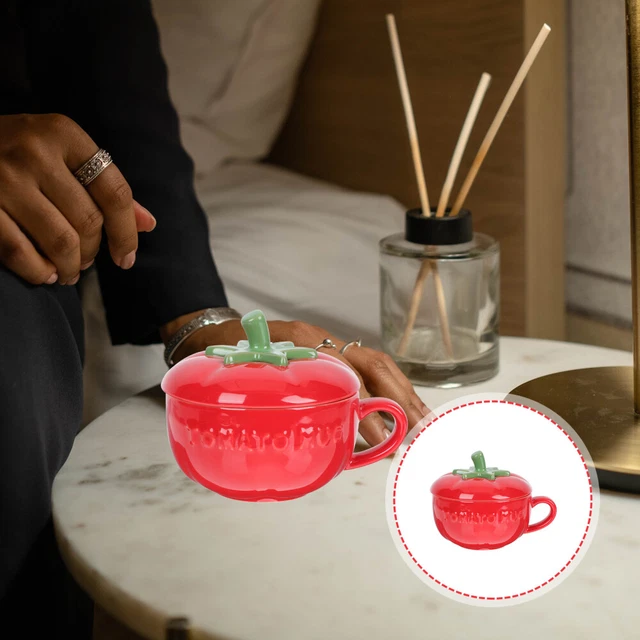 Tazza da caffè a forma di pomodoro cartone animato tazza acqua ceramica bella tazza latte con coperchio