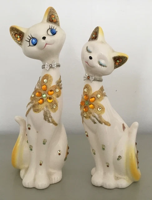Pair Cat Kitty Figurine Ornament Kitsch Glitter Faux Jewel Gemstone Kawaii Japan