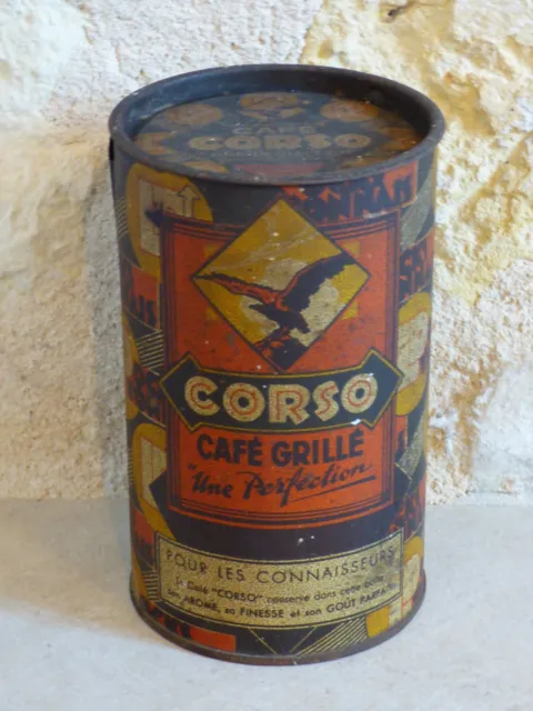 Ancienne boite à café CORSO à système de bec verseur. Boite en tôle publicitaire