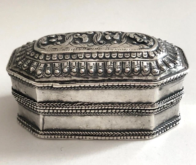 Antique Betel Nut Octagonal Box Cambodia Khmer  Silver
