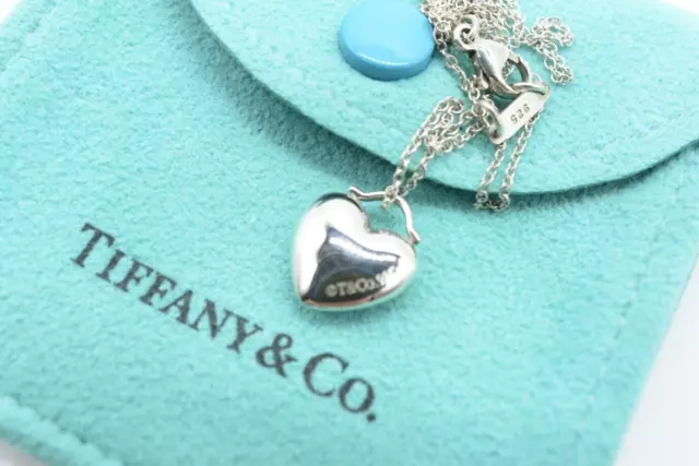 TIFFANY & Co. Puffy Heart Pendant Necklace Sterling Silver Retired w/Pouch