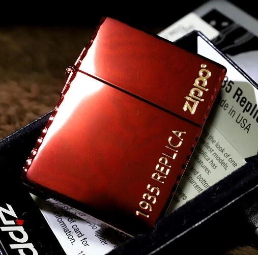 Zippo 1935 Replica Simple Logo Ion Red Corner Leutor Etching Lighter Brass Japan