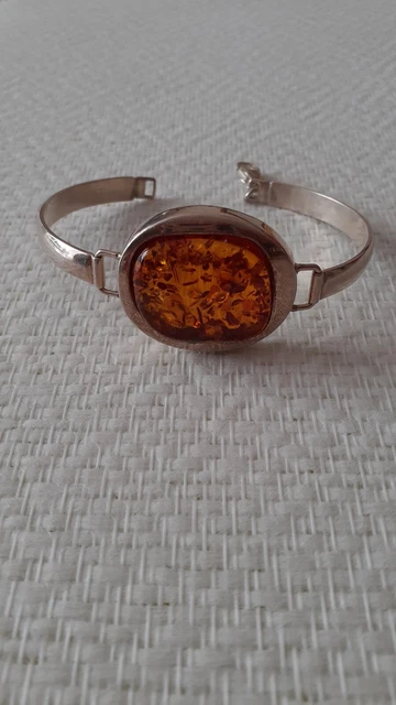 Bracelet En Argent Massif 925 Avec Cabochon D'ambre Flammé - Superbe Pièce Occasion