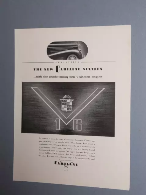 1938 Cadillac Ad For The New, Improved, Cadillac V-16 Engine + Cadillac Crest Ad