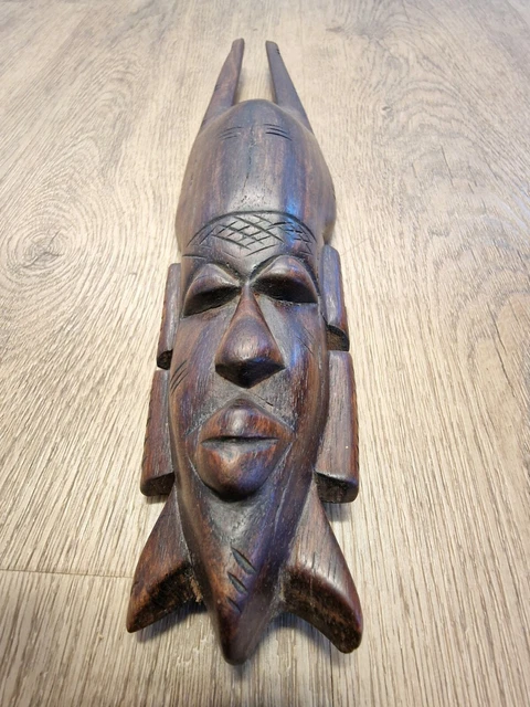 African vintage tribal hand carved wooden face mask hard wood sculpture 13"