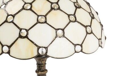 Lampada in stile tiffany da tavolo con vetro biacno ambrato e gocce di vetro 2