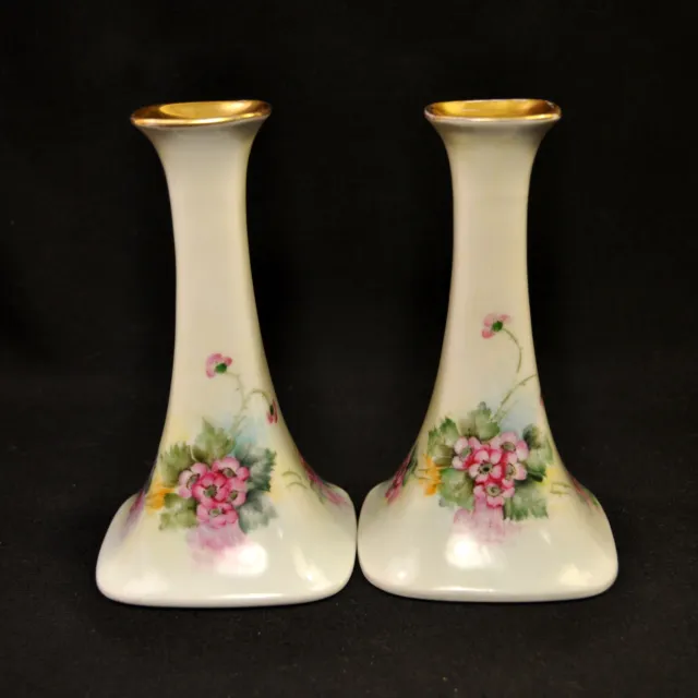 PL Limoges 2 Candle Stick Holders La Porcelain Limousine Roses Gold 1905-1930's