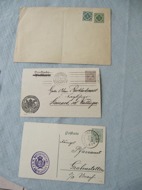 Württemberg 1895 +1908/13  3 Ganzsachen DP34+DP43  + DU 6 (ungebraucht)