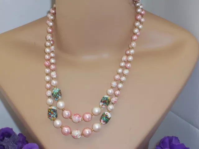 Vintage Pink & White Faux Pearl Bead Double Strand Necklace Art Glass Accents