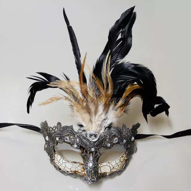 Venetian Silver Brocade Lace Masquerade Mask with Gems