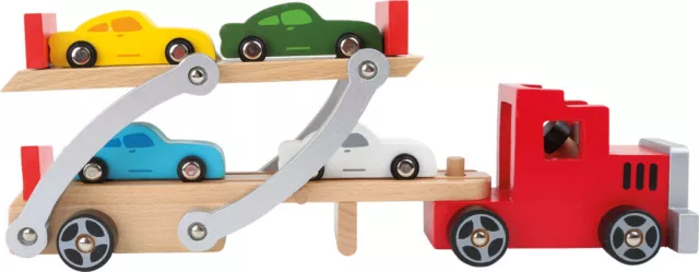 Autotransporter aus Holz mit beweglicher Fahrzeugrampe und 4 Autos Auto Fahrzeug