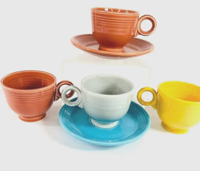 Vintage 5 FiestaWare Rose Yellow Ring Handle Coffee Cup 2 Sauces 1950s Turquoise