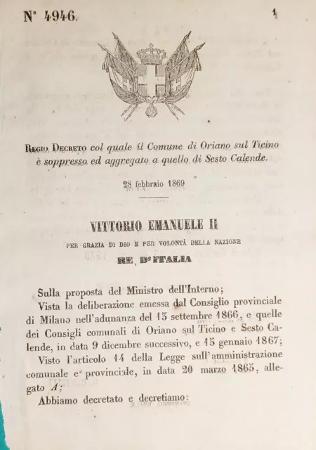 Decreto Regno Italia - Comune Oriano sul Ticino è aggregato a Sesto Calende 1869