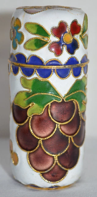 Enamel Cloisonné Cylindrical Container Box Snuff Pot 7cm x 3cm Floral Grapes
