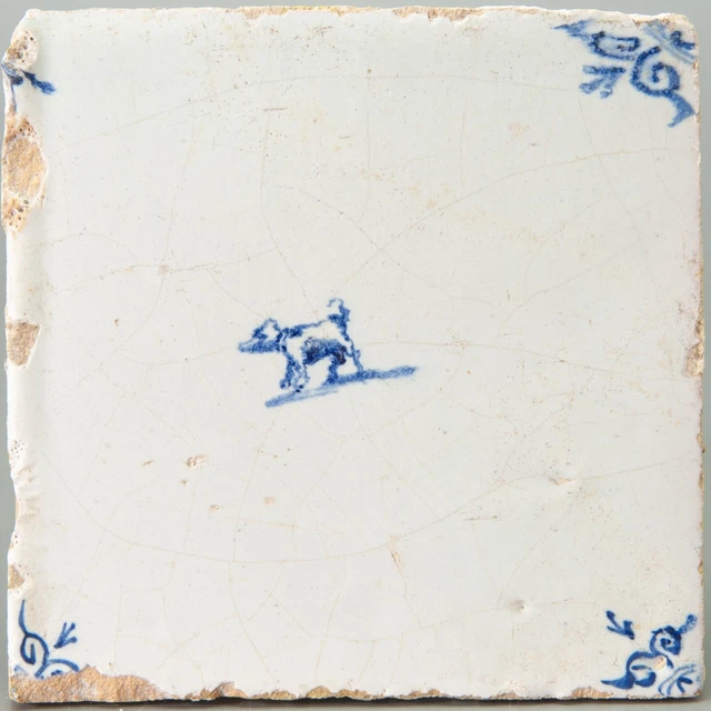 Nice Dutch Delft Blue animal tile, dog, second half 17th century.