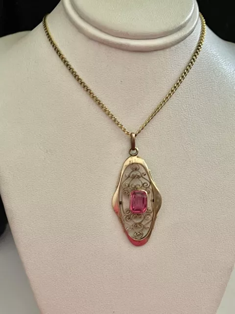 Antique Art Nouveau Rolled Gold Faceted  Square Pink Art Glass Pendant Necklace