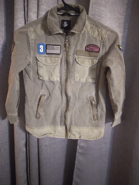 Art Class Boys Denim Jacket Size Small 6/7 Military Army Style Patches C268
