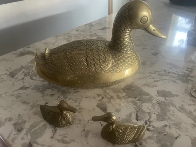 Vintage Solid Brass Duck Box Duck Mallard Trinket Box Approx 10” W/2 Small Ducks