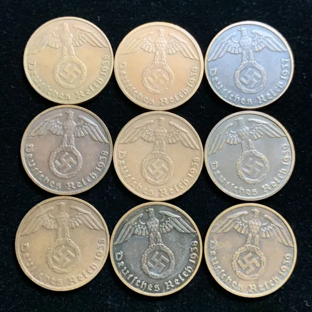9 Coin Lot Rare World War 2 Germany Bronze 1 RP Reichspfennig Average Circulated