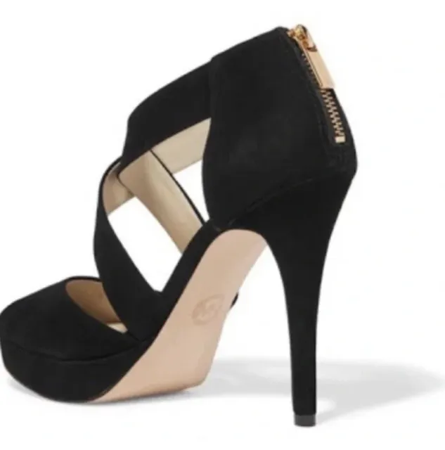 Michael Kors Ariel Platform Stiletto Heels Suede Black Peep Toe Zip Sandals 7.5 2