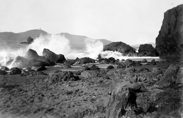 c.1900 SAN FRANCISCO LANDS END/MILE ROCK BEACH w/WAVES CRASHING ROCKS~NEGATIVE