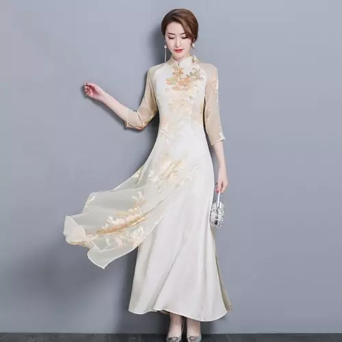 Vietnam Dress Ao Dai Floral Cheongsam Traditional Folk Qipao Asian Clothes