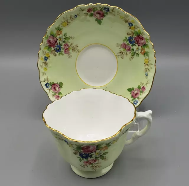 Vintage Aynsley Teacup & Saucer Pastel Green Pink Floral Fine Bone China England