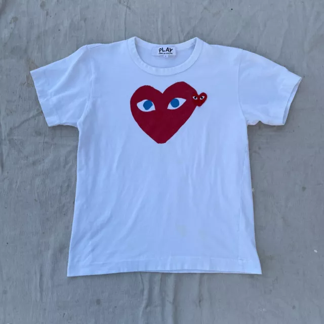 Comme Des Garcons Play CDG Heart Logo T-Shirt Size Large Womans White Stained