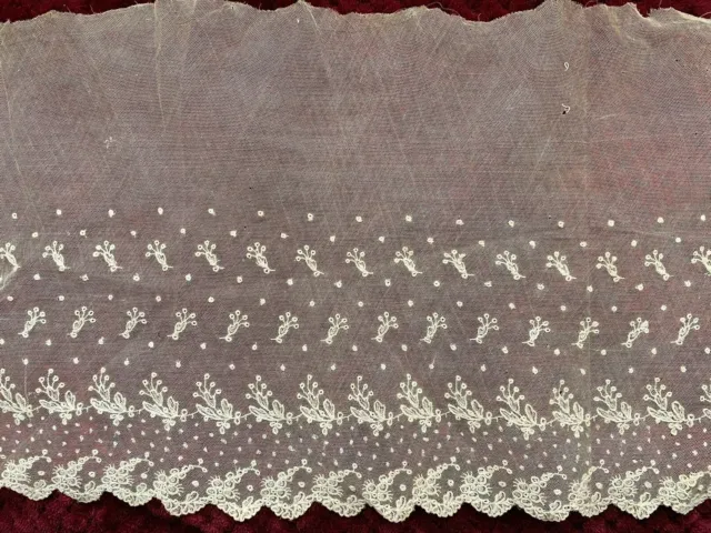 Gorgeous Antique Needle Lace Edging embroidery on tulle, Plumetis 70cm by 25cm 3