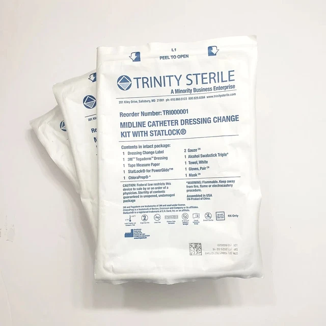 3 TRINITY STERILE Midline Catheter Dressing Change Kits w Statlock Exp