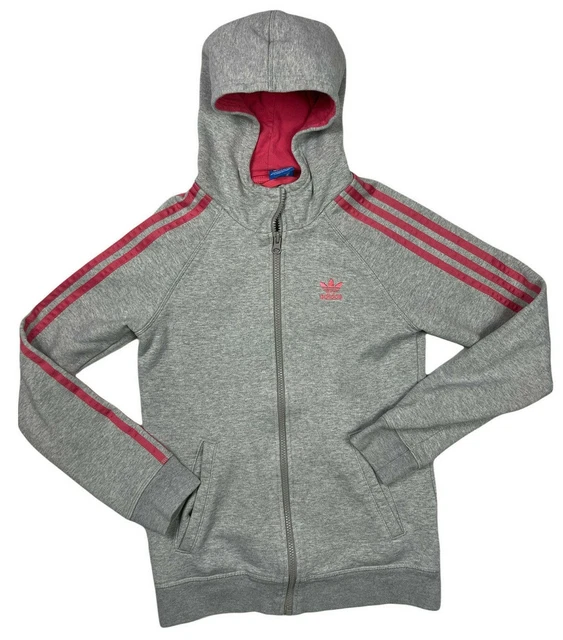 Adidas Originals Full Zip Hoodie Girls Large L Gray Pink Long Sleeve Jacket