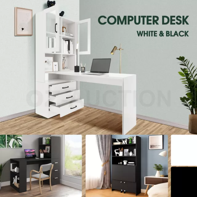 Computer Desk Bookcase Office Study Writing Laptop Table Shelving White Black