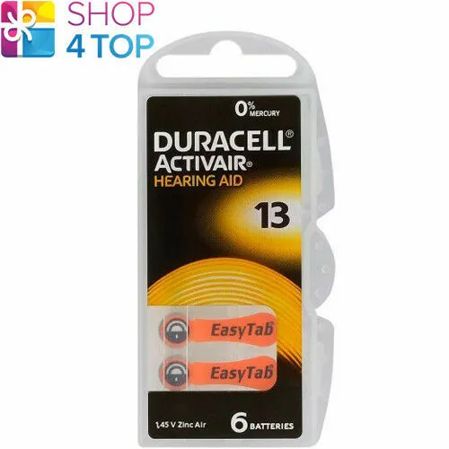 6 Duracell Activair Hearing Aid Batteries Taille 13 Zinc Air 1.45V Mercury Free