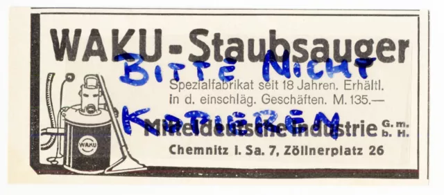 CHEMNITZ, Werbung 1928, Mitteldeutsche Industrie GmbH WAKU-Staubsauger