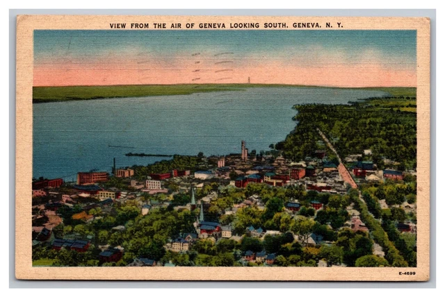 Geneva NY New York Aerial View Looking South Linen Postcard Post 1944