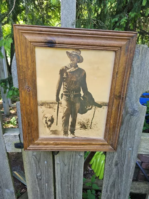 Vintage John Wayne Cowboy With Dog Oak Wood Framed Glass Picture