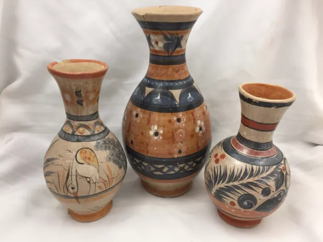 Lot Of 3 Hand Painted Glazed Ceramic Vases-Orange, Blue, Beige-Animals, Flowers
