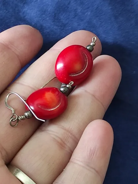 Sterling Silver Red Cherry Coral Earrings Dangle Drop Nugget Hook