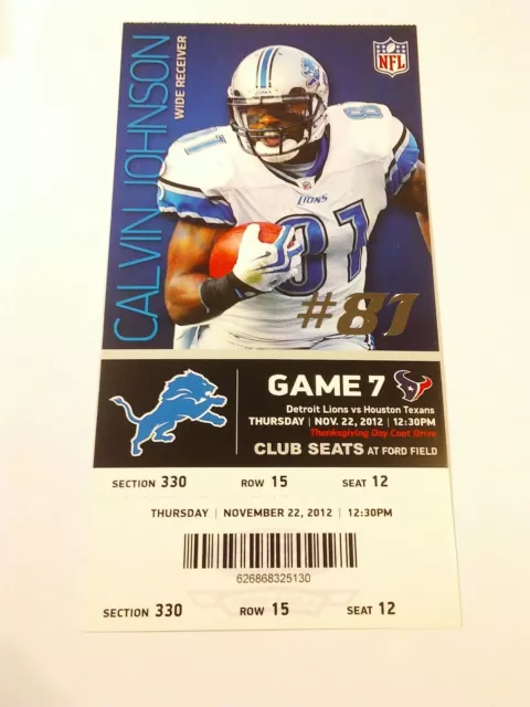 2012 Detroit Lions Calvin Johnson Houston Texans NFL Football Club Ticket Stub