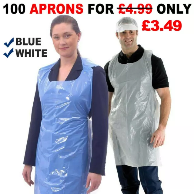 Disposable Apron Polythene Plastic Aprons Flat Pack White or Blue Pack of 100