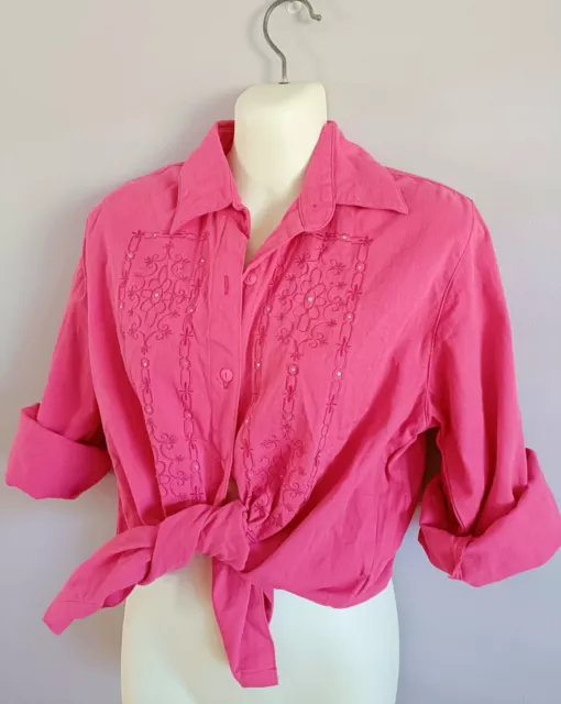 Barbiecore Pink Womens Cotton Shirt Size Small 10 Button Up Long Sleeve