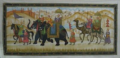 Rajasthan Peinture Miniature De King Procession Art Sur Soie Tissu 42x21 Inches