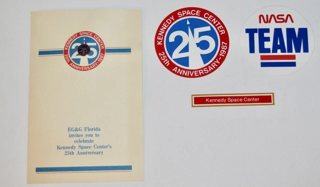 1987 NASA Kennedy Space Center 25th Anniversary Pin + Stickers + Brochure