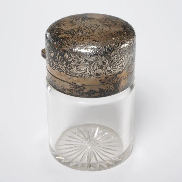 Gorham Floral Etched Sterling Silver Cut Glass Vanity Dresser Jar Bottle 4.75"
