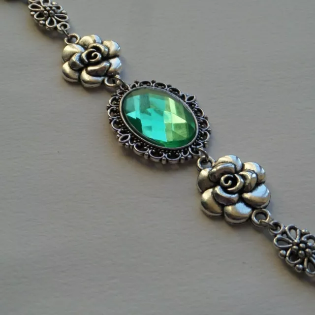 Camellia Filigree Victorian Style Faceted Light Green Silver Plated Bracelet Cfb