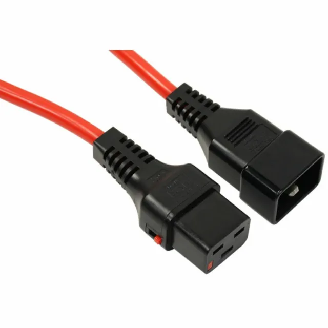 Power Extension Cable IEC C20 Male Plug to IEC C19 Female Lock Red 2m 2 metres