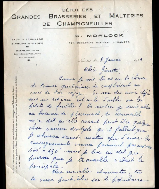NANTES (44) GRANDES BRASSERIES & MALTERIES de CHAMPIGNEULLES "G MORLOCK" en 1939