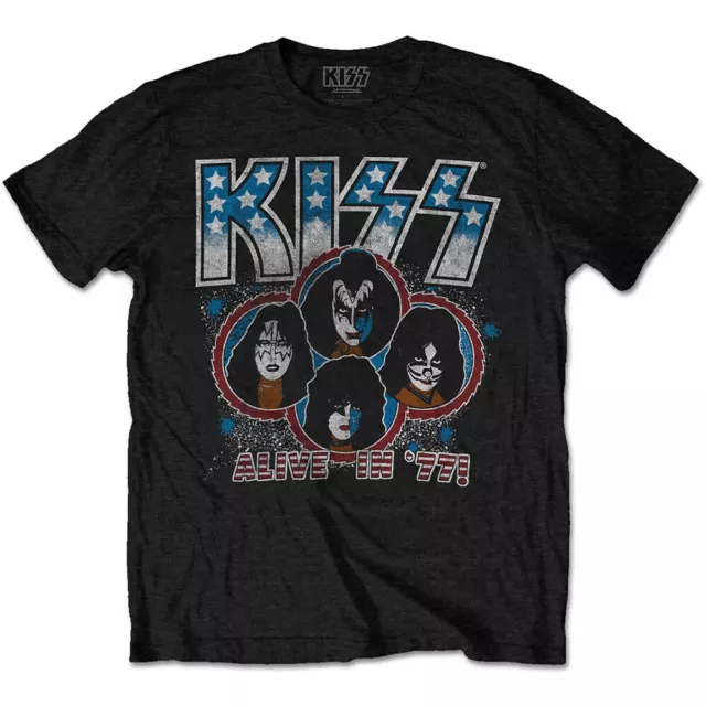 Kiss Official Alive In 77 Rock Band New Mens Black T-Shirt